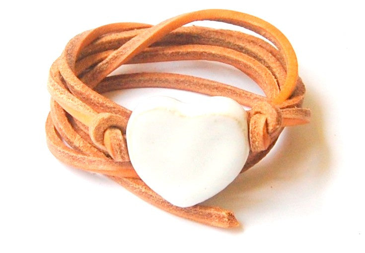 Bracelet natural leather cord with white heart