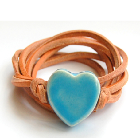 Bracelet natural leather cord with blue heart