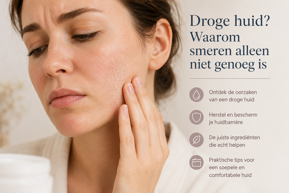 Vrouw met een droge huid en lichte schilfertjes op de wangen. Tips voor het herstellen van de huidbarrière en het verzorgen van een droge huid.