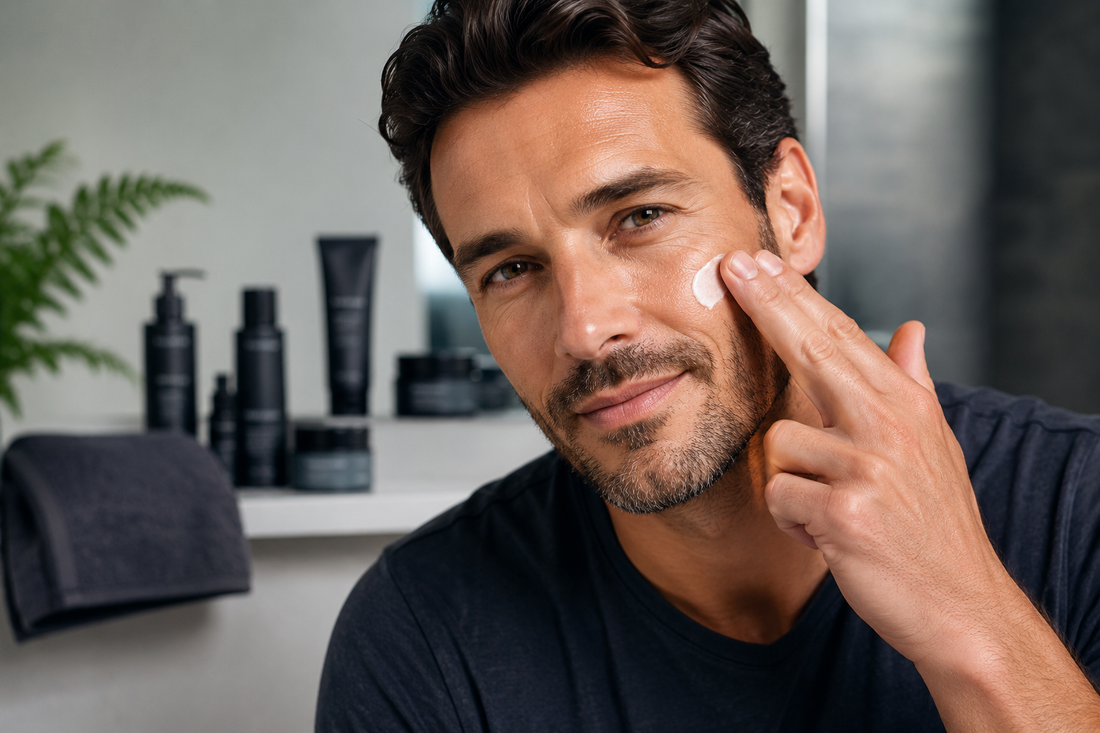 Professionele huidverzorging voor mannen met aandacht voor een gezonde huid, hydratatie en bescherming na het scheren.