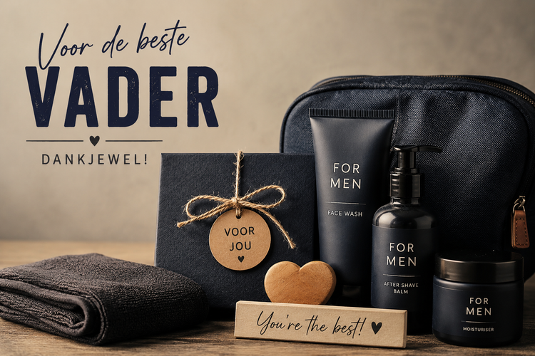 Vaderdag 2026 cadeau voor mannen met luxe huidverzorging, toilettas en wellnessproducten voor de beste vader van Cosmeticabestellen.nl.