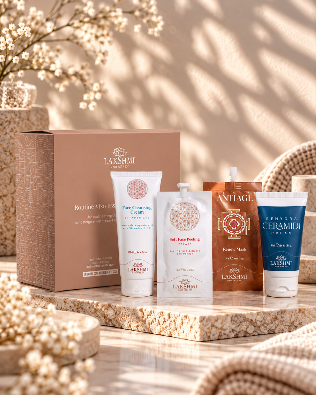 Lakshmi Essential Facial Routine met reinigingscrème, ceramidecrème, exosomenmasker en zachte papajapeeling