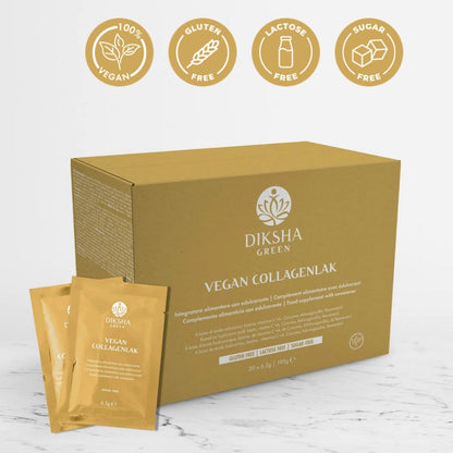 Diksha Vegan Collageenlak van Lakshmi met plantaardig collageen voor huidversteviging, glow en anti-aging ondersteuning.