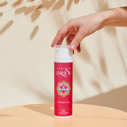 Garshan Dren Draining Cream vochtafvoerende crème van Lakshmi zoals hij was/is nu in een tube in de set.